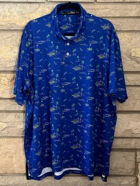 RLX Ralph Lauren Men’s Golf Shank Attack Polo Shirt Wicking EUC Blue White SZ XL